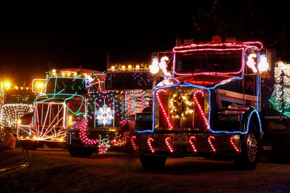 trucks decorated with Christmas lights