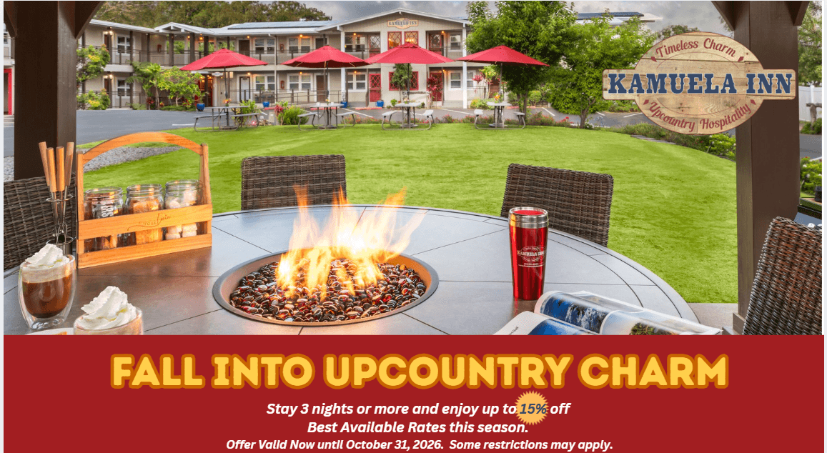 A cozy outdoor patio at Kamuela Inn features a fire pit and table settings, promoting a fall discount offer.