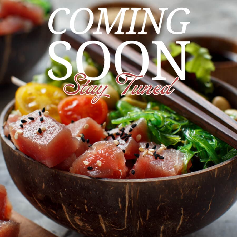 A bowl of fresh sushi ingredients with a "Coming Soon" message.