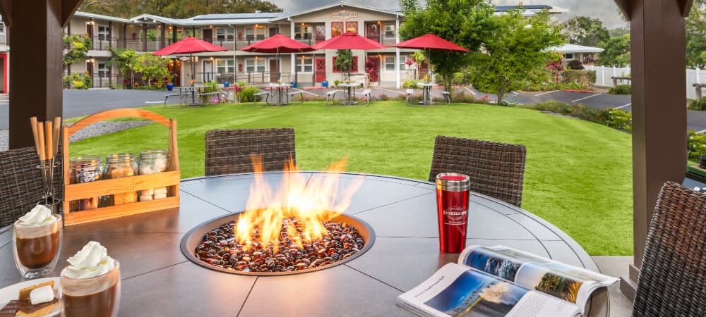 A cozy outdoor seating area features a fire pit, beverages, and a view of a lawn with canopies.