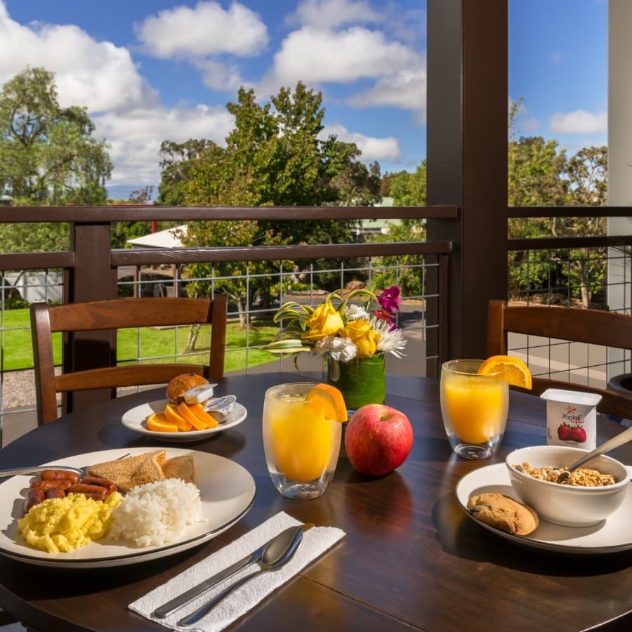 A breakfast table featuring rice, scrambled eggs, fruit, orange juice, and cookies, with a scenic outdoor view.